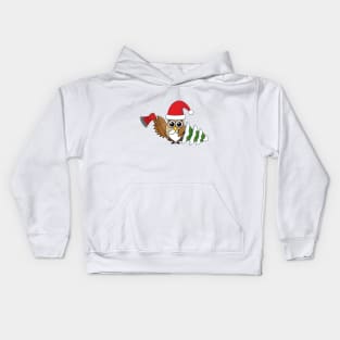 Christmas Owl with Axe and Snowy Pine Tree Kids Hoodie